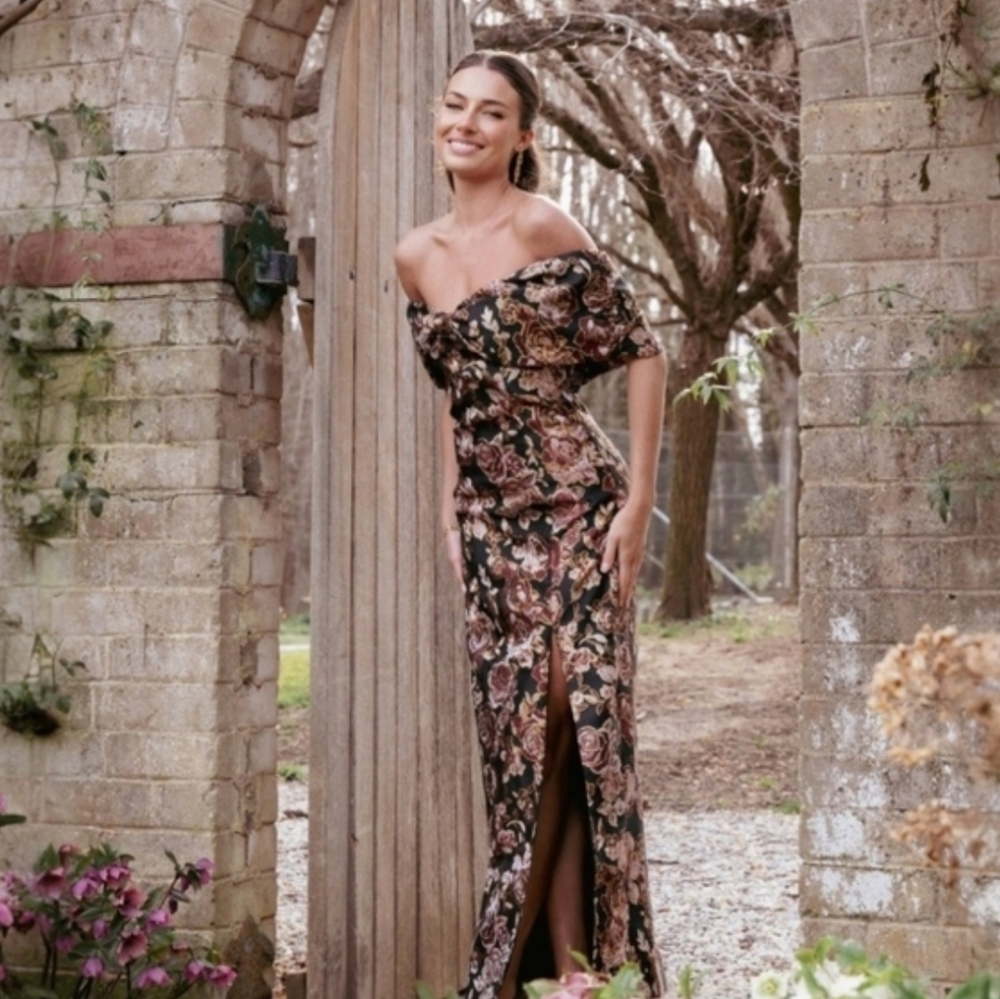 Petal & Pup Lilia Maxi Dress Off Shoulder Metallic Brocade Floral Bow Top 4